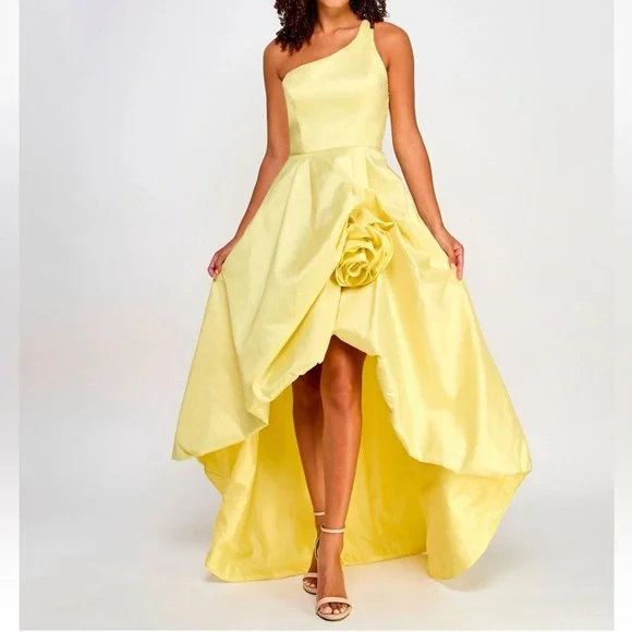 Juniors' One-Shoulder Rosette Formal Party Gown Yellow High-Low Skirt Size 3/4 - Picture 5 of 5